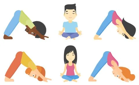 Vector set of men and women practicing yoga. Illustrazione stock