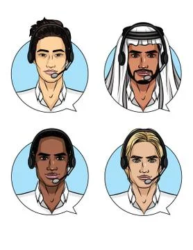 Vector set of men's faces different nationalities. Asian, european, african A Stock Illustration