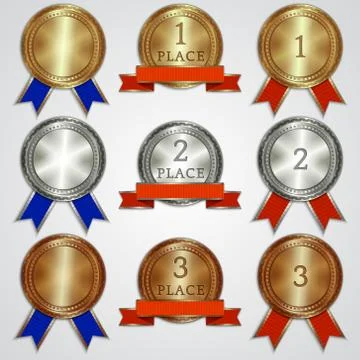 Vector set of metallic badges with ribbons  for the first, second, third place Stock Illustration
