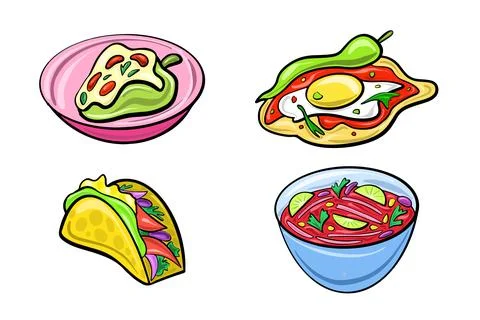 Vector set of Mexican dishes in a cartoon flat style. Latin American culture. Stock Illustration