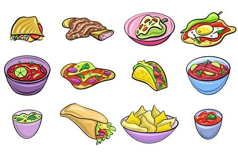 Vector set of Mexican dishes in a cartoon flat style. Stock Illustration