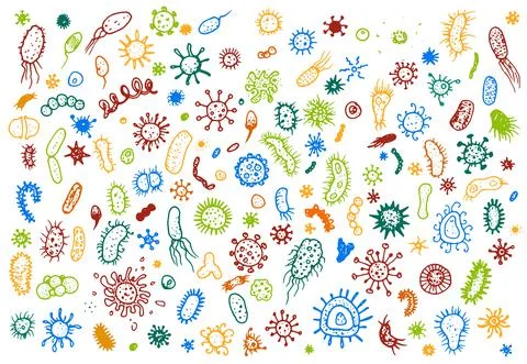 Vector set of microbes and bacteria in red, green and blue colors isolated Stock Illustration