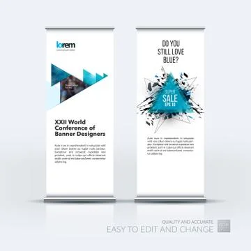 Vector set of modern roll up banner stand design with green poly Stock Illustration