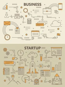 Vector set of modern thin line Business startup concept banners Stock Illustration