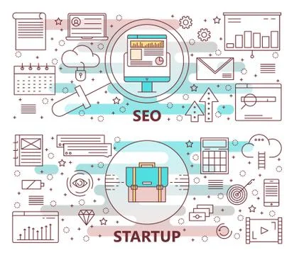 Vector set of modern thin line SEO and Startup banners Stockillustratie
