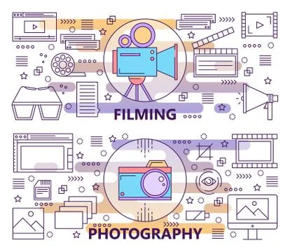 Vector set of modern thin line Photography and Filming banners Stock Illustration
