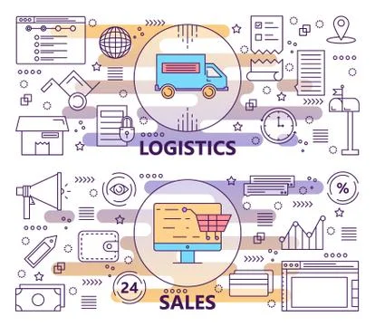 Vector set of modern thin line Logistics and Sales banners Stockillustratie