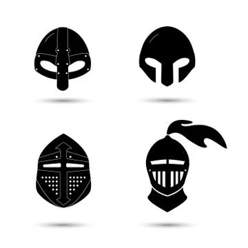 Vector set of monochrome  knight helmets isolated Stock Illustration
