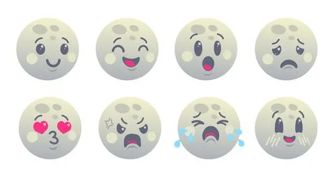 Vector set of moon emoji in cute kawaii flat design style. Vector moon cart.. 스톡 일러스트