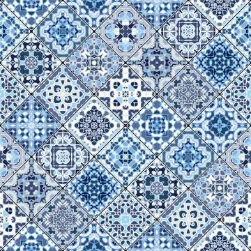 Vector set of mosaic blue and white square patterns. 스톡 일러스트