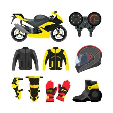Vector set of motorcycle accessories. Design elements and icons isolated on Illustrazione stock