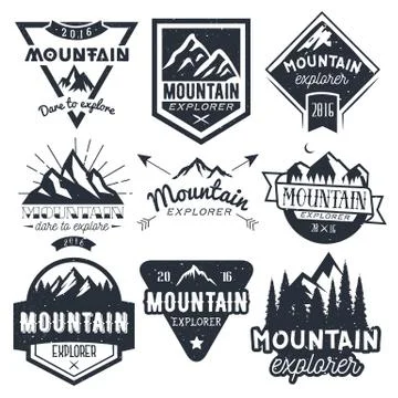 Vector set of mountain labels in vintage style. Design elements, icons, logo 스톡 일러스트
