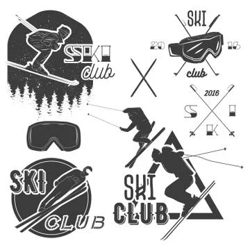 Vector set of mountain skiing labels in vintage style. Alpine ski extreme sport Stock Illustration