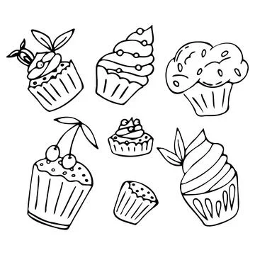 Vector set of muffins. Doodle style. Set of hand drawn cupcake icons. Stock Illustration