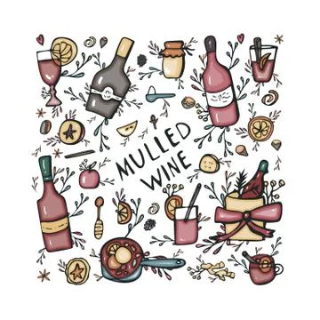 Vector set of mulled wine elements and objects. Composition with lettering in Stock Illustration