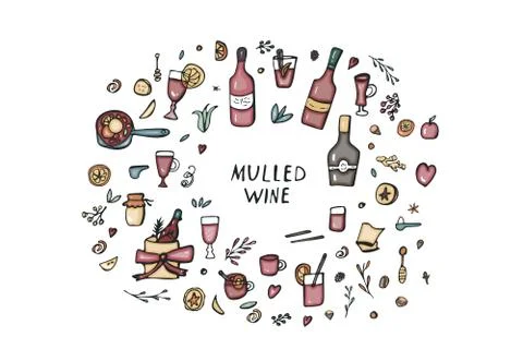 Vector set of mulled wine elements and objects. Composition in doodle style. Illustrazione stock