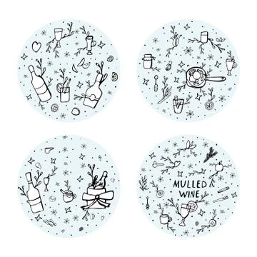 Vector set of mulled wine elements and objects. Four round composition in doo Illustrazione stock