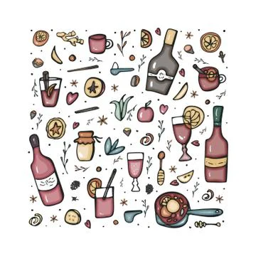 Vector set of mulled wine elements and objects. Square collection of ingredie Illustrazione stock
