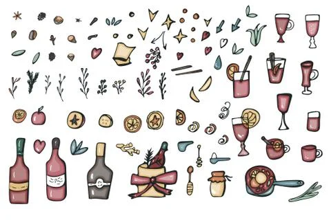 Vector set of mulled wine elements and objects. Collection of wine bottles, g Stock Illustration