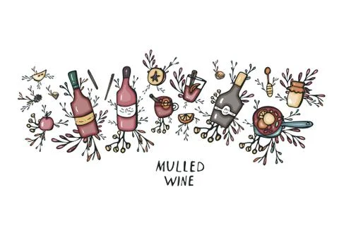 Vector set of mulled wine elements and objects. Composition in doodle style a Illustrazione stock