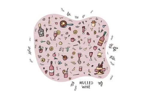 Vector set of mulled wine elements and objects. Composition  in abstracr fram 스톡 일러스트