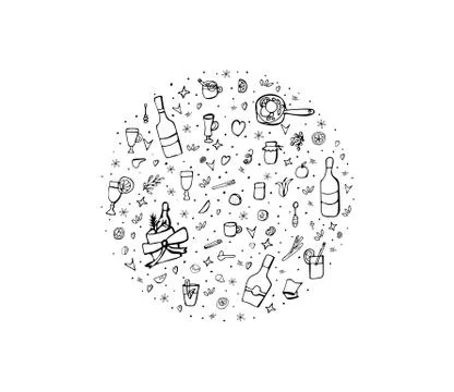 Vector set of mulled wine elements and objects. Round sketch composition in d 스톡 일러스트