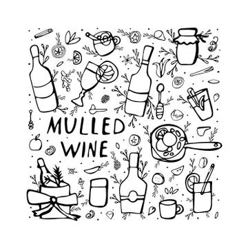 Vector set of mulled wine elements and objects. Composition in doodle style a Illustrazione stock