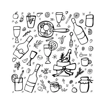 Vector set of mulled wine elements and objects. Square sketch composition in  스톡 일러스트