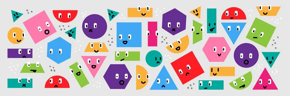 Vector set of multi colored geometric shapes. Funny comic cute characters and Illustrazione stock