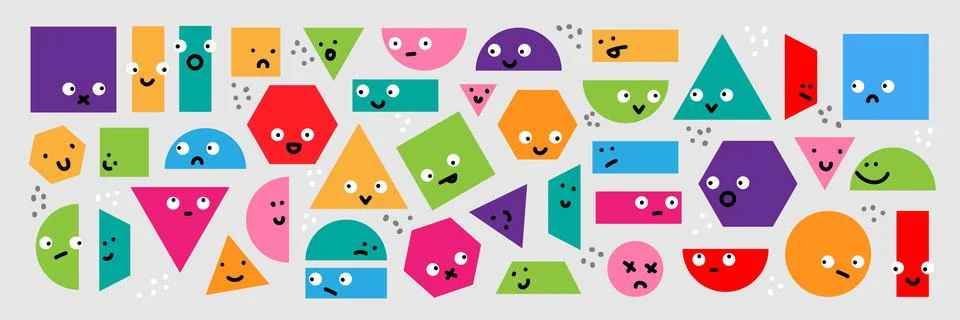 Vector set of multi colored geometric shapes. Funny comic cute characters and Illustrazione stock