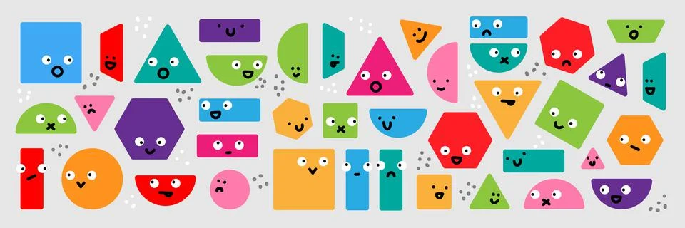 Vector set of multi colored geometric shapes. Funny comic cute characters and Illustrazione stock