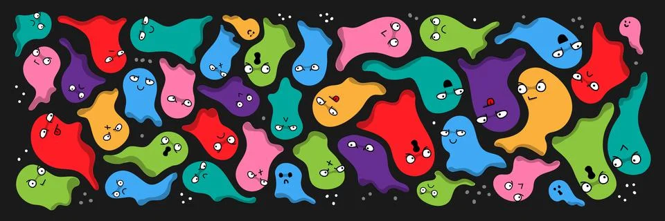 Vector set of multi colored shapes, ghosts on dark background. Funny comic cute Illustrazione stock