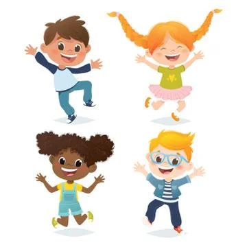 Vector set of multiracial kids jumping and laughing. Cartoon characters desig Illustrazione stock