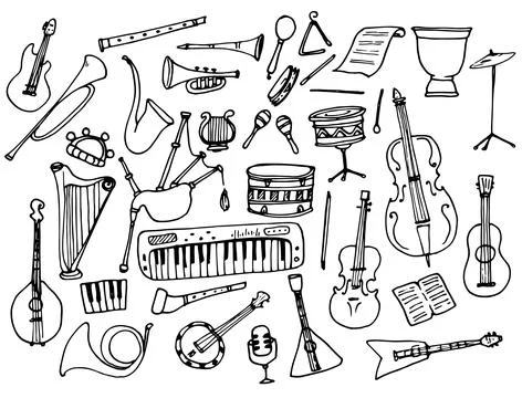 Vector set of musical instruments in black outline. a collection of hand-drawn Stock Illustration