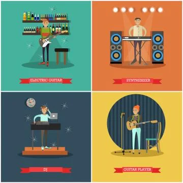 Vector set of musical instruments concept posters in flat style 스톡 일러스트