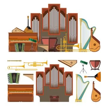 Vector set of musical instruments in flat style. Design elements and music icons 库存插图