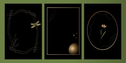 Vector set mystic and elf theme, includes beautiful golden frames for decorat Stock Illustration