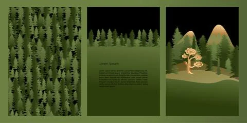Vector set mystic and elf theme. Nature and green forest, a pattern of fir tr Stock Illustration