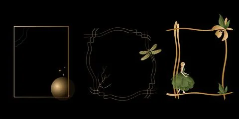 Vector set mystic and elf theme, includes beautiful golden frames for decorat Stock Illustration
