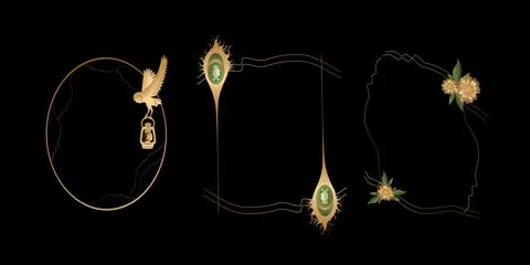 Vector set mystic and elf theme, includes beautiful golden frames for decorat Stock Illustration