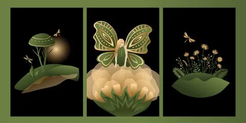 Vector set mystic and elf theme, includes illustrations of Elf fairy butterfl Stock Illustration