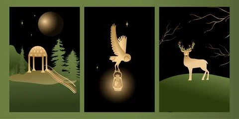 Vector set mystic and elf theme, includes illustrations of house of elves, de Stock Illustration