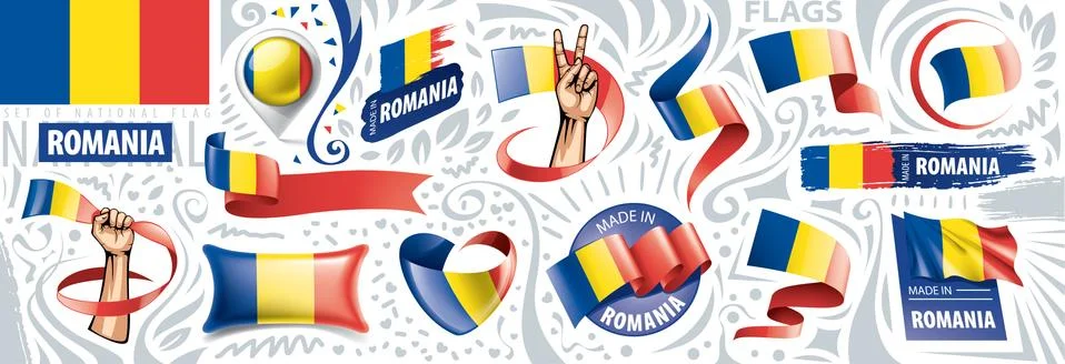 Vector set of the national flag of Romania in various creative designs Stock Illustration