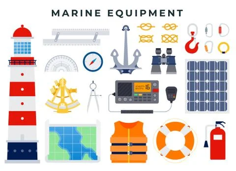Vector set of nautical and marine icons in flat style, isolated on white Illustrazione stock