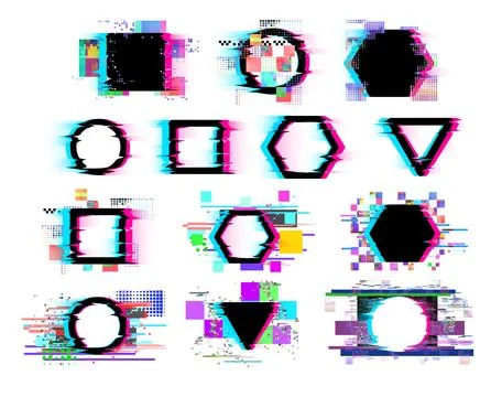 Vector set of neon glitch frames on isolated background. Illustrazione stock