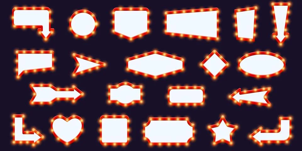 Vector set of neon light bulbs with glow effect on a dark background Illustrazione stock