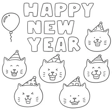 Vector set of new year celebration, cat Stock Illustration