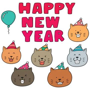 Vector set of new year celebration, cat Stock Illustration