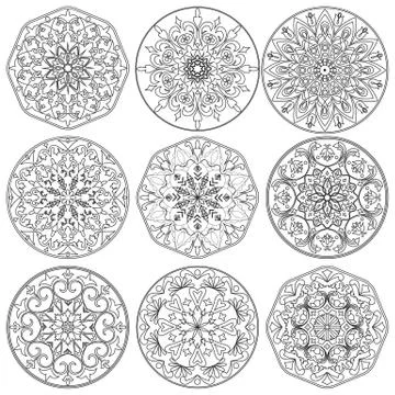 Vector set of nine decorative elements mandala in black and white. Stock Illustration