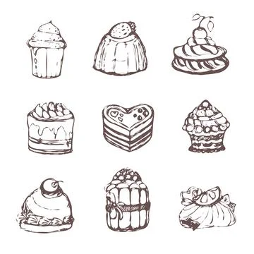 Vector set of nine icons. Sweet pastries in a flat style. Cake, pastry, cocktail Stock Illustration